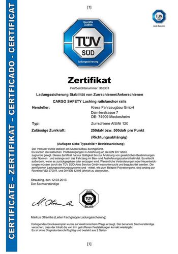 TUEV-Zertifikat Zurrleiste-Ladungssicherung