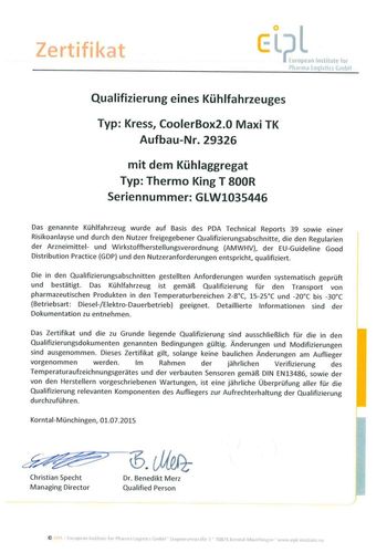 Zertifikat für Kühlfahrzeug mit Pharmaqualifizierung