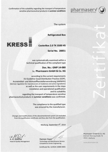 GDP-Pharma-Qualification Certificate for Refrigerated Vehicles